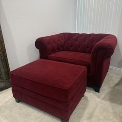 Red Velvet Tufted Accent Chair with Ottoman – Classic Chesterfield Style 