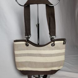 NWOT Thirty-One Canvas Crew Taupe Straw Stripe bag. 