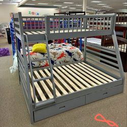 🎀Gray Twin / Full Bunk Bed with 2 Drawers Storage 👌