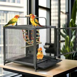 P-ZN1683 Travel Bird Cage Carrier: 22Inch Wrought Iron Portable Birds Transport Cage with Ladder Swing for Small Parrots Canaries Budgies Parrotlets L