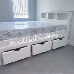 White Full Bed With Drawers And Foam Mattress
