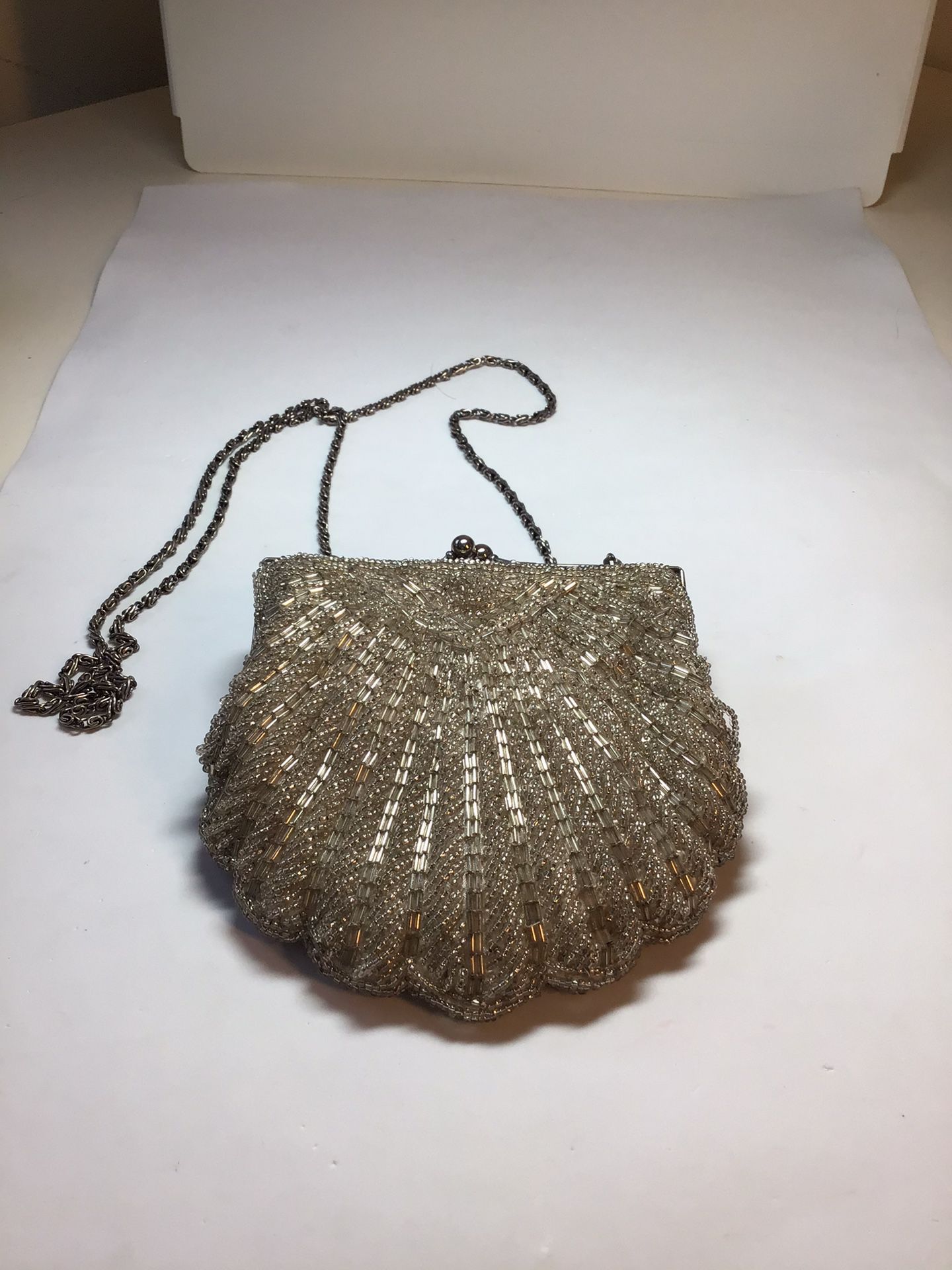 La Regale Vintage Silver Beaded Clam Shell & White Silk Lined Evening Bag  Long Chain Purse for Sale in Oakland Park, FL - OfferUp