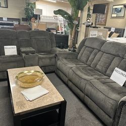 Brand New Dark Gray Chenille Manual Reclining Sofa + Loveseat With Cup Holders
