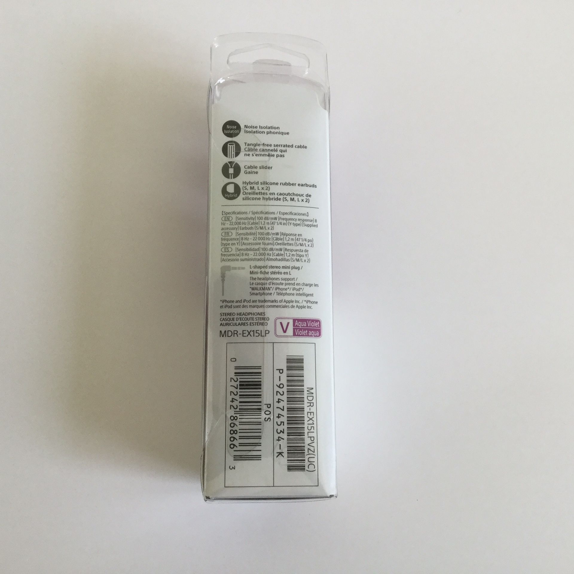 Two White and Two Purple Sony Earbuds MDR-EX15LP