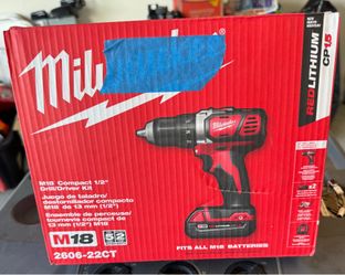 Milwaukee M18 Compact 1/2” Drill/Driver Kit (2606-22CT) — 2 Batteries, Charger & Bag