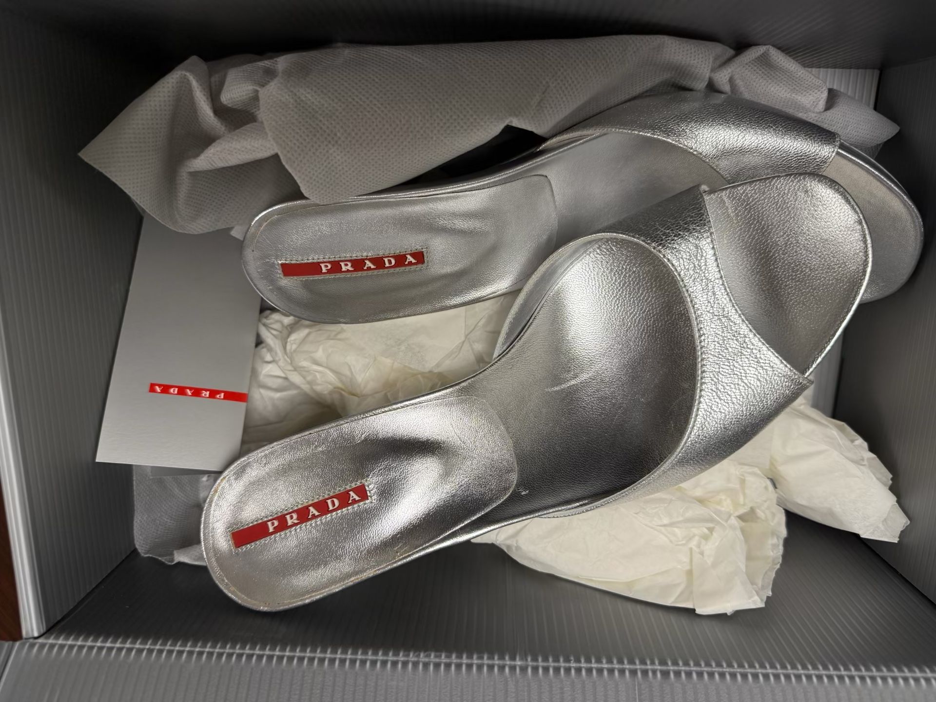 Brand New Prada Heels Silver Metallic Color