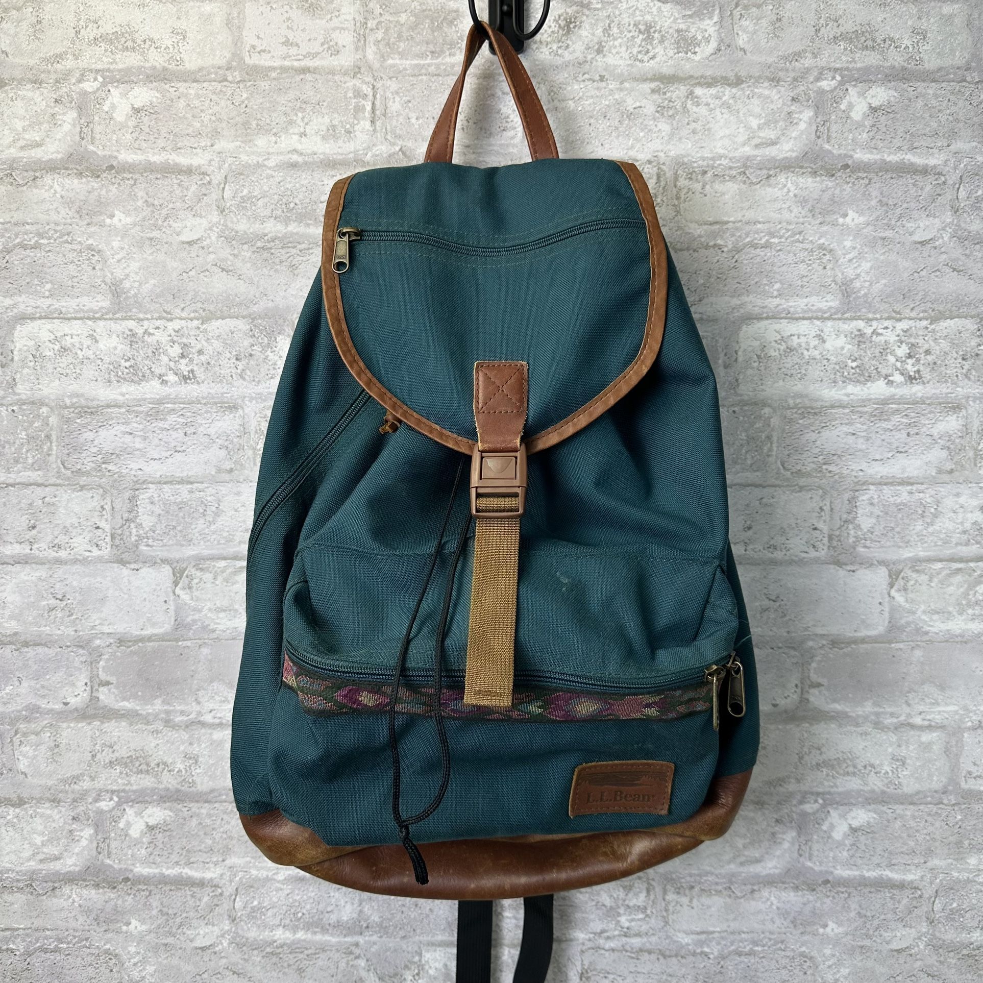 Vintage 90s LL Bean Bookbag Aztec Teal Drawstring Leather Make In USA 3983