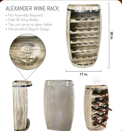 MODERN WALL ALEXANDER - 18 WINE BOTTLES WOODEN HOLDER - BARREL SHAPE