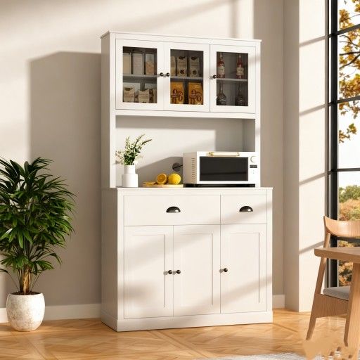 VEIKOUS
White Kitchen Pantry Cabinet Storage with Adjustable Shelves, Buffet Cupboard and Microwave Stand