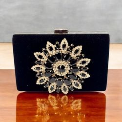 Stunning Silver, Gold and Black Clutch Purse with crystals and Rhinestones