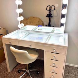 Lighted Sliding mirror Vanity Table Set Makeup Dressing Desk 4 Drawer w/Stool