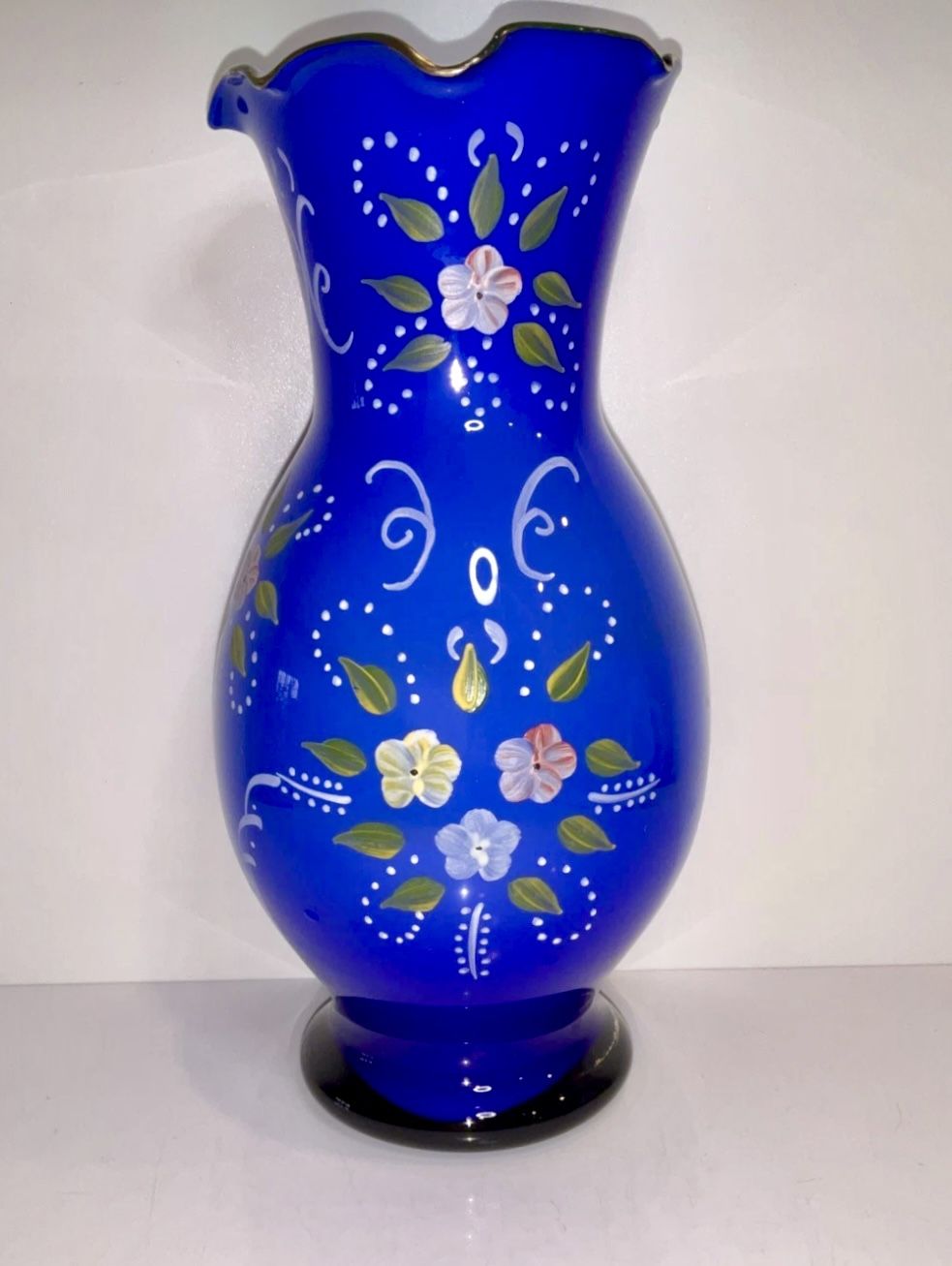 Vintage Cobalt Glass 10” Vase With Hand Painted Flower Design Gold Trim Nice!