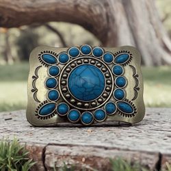 New Women’s Blue Faux Rectangle Marble Stone Fashion Belt Buckle