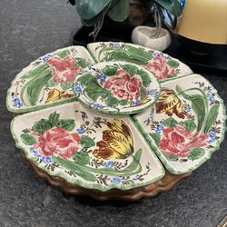 6 Piece Vintage Italian Nova Rose Cresent Plates with Turntable Lazy Susan - Handmade 16.5”