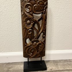Floral Carved Panel Sculpture on Stand Dark Brown 19 x 6 inches