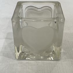 Frosted heart glass cube, likely a candle holder or small vase.