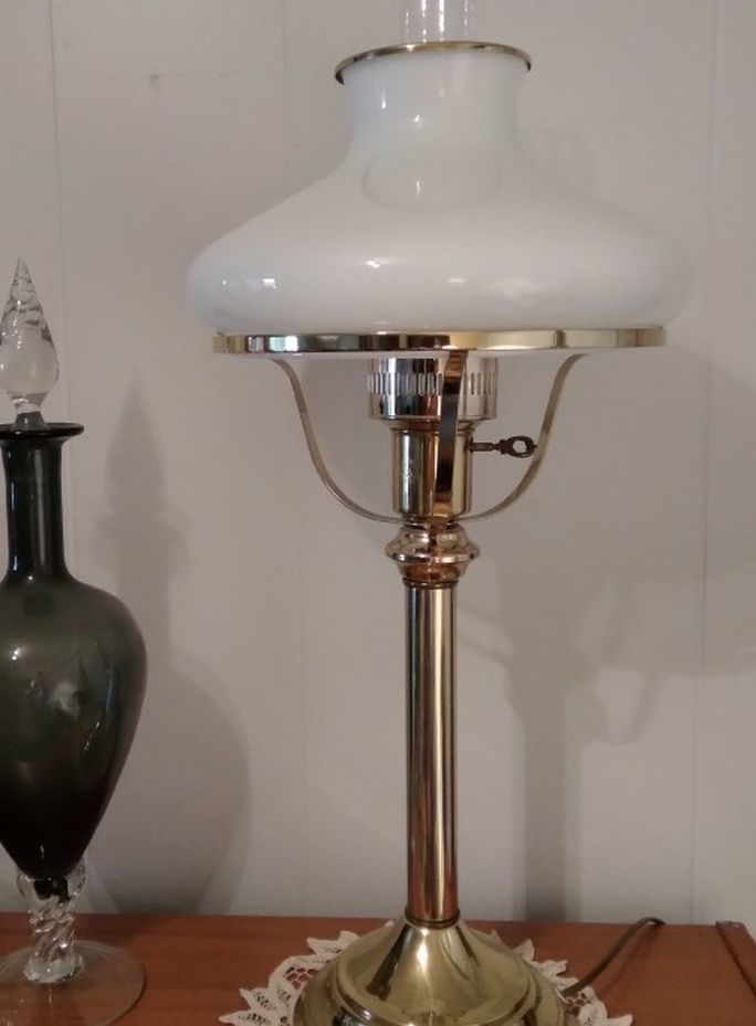 Brass-Tone Lamp with White Glass Shade