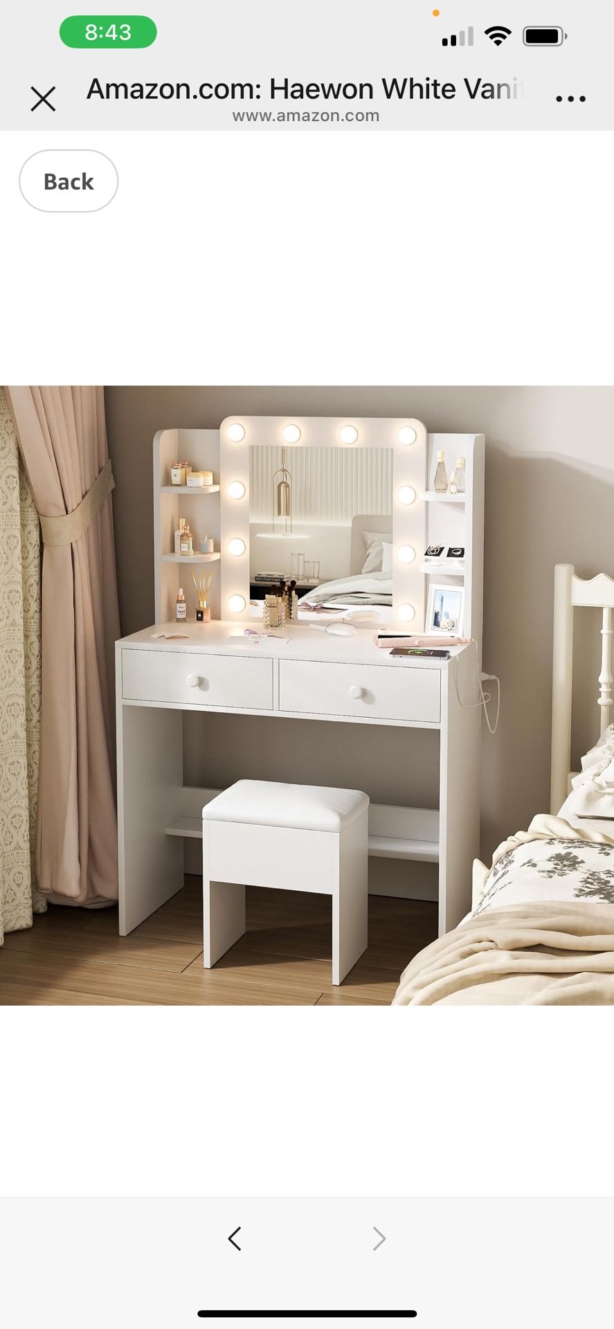 White Vanity Desk with LED Mirror, Adjustable Lighting & Power Outlets for Bedroom