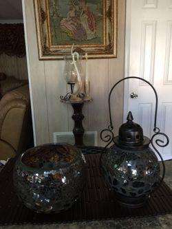 CANDLE HOLDERS, BANQUITO AND ARTIFICIAL FLOWER POT $25.00 EACH