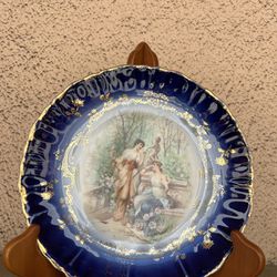 Antique Cobalt Blue Display Plate With Gold Gilding Art Nouveau Garden Ladies