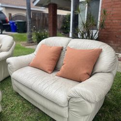 Vintage Italian Pearl Leather Couch Set with Ottoman