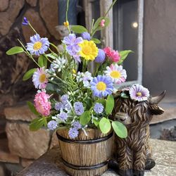 Ht-10in Width-11in HANDMADE Artificial Spring Arrangement In A Ceramic Cow Planter