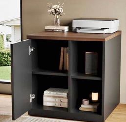 Black Storage Cabinet w/ Walnut-Grain Top, 1 Door, 2 Adjustable Shelves 23.6"