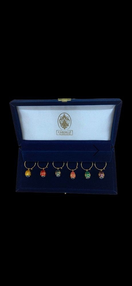 Faberge Enamel Egg & Crystal Wine Glass Charms, - Set of 6