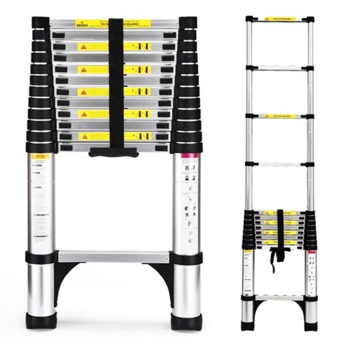 Telescopic Ladder, Soctone 12.5 ft. Aluminum Lightweight Telescopic Ladder with 2 Triangular Stabilizers, 330 lb. Load Capacity, Collapsible Telescopi