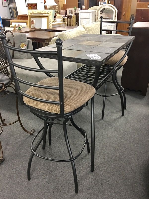 Patio Slate Tile Top Bar Table And Two Matching Bar Stools For
