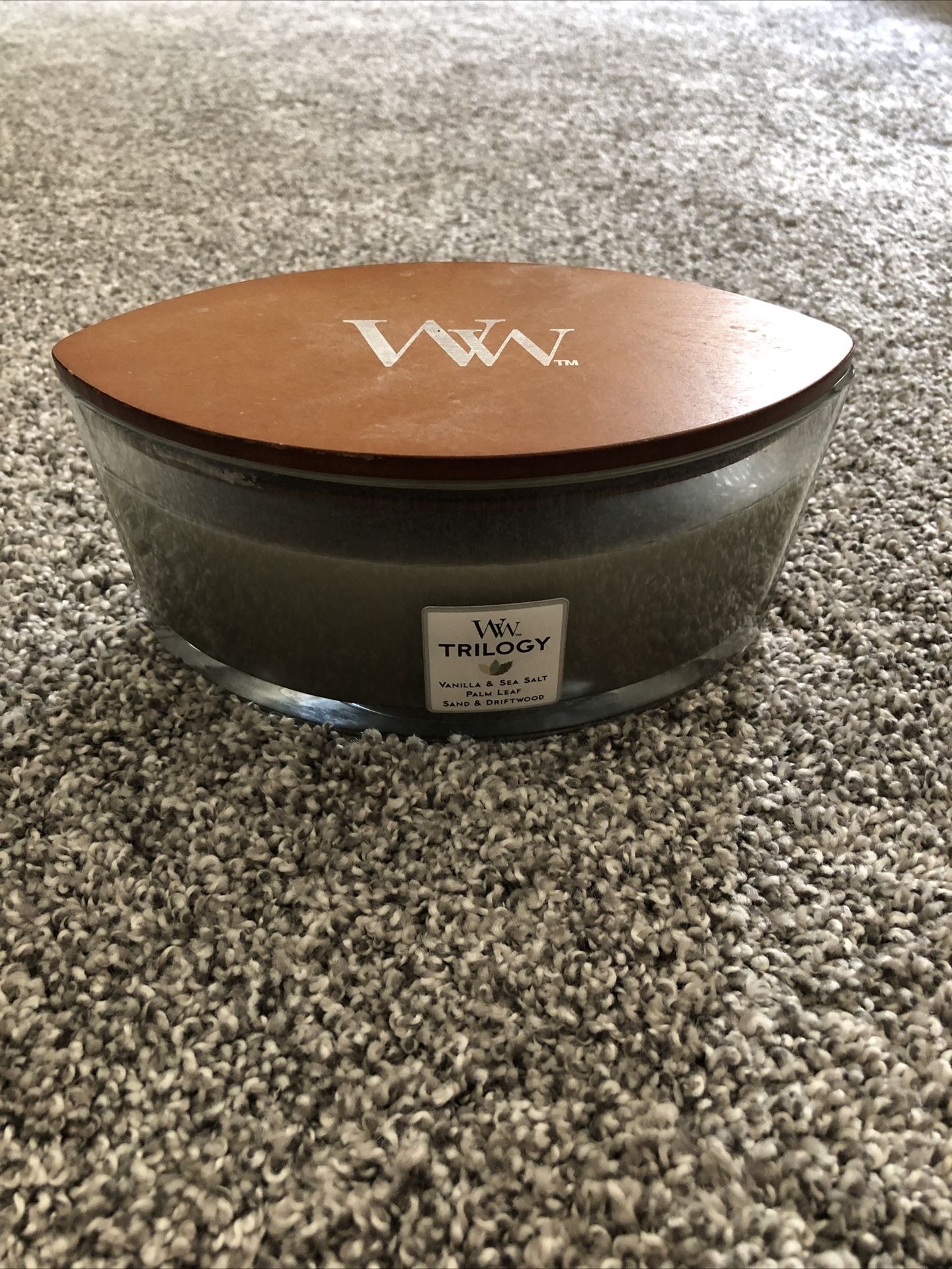 Woodwick Trilogy Candle: Vanilla, Sea Salt, Palm Leaf, Sand & Driftwood, 16 Oz, NEW