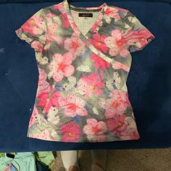 Koi Lite Pink Floral Scrub Top XS