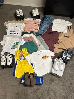 Five pair of tennis four Jordans one Nike Air Force 13 T-shirts six pair shorts, three pair jeans, five pair sweatpants two hoodies