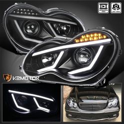 Fits 2001-2007 Mercedes Benz W203 C230 C240 LED Strip Projector Headlights Black