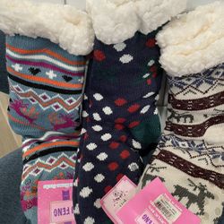 3 Pairs Fuzzy Slipper Socks for Women Men, Winter Warm Soft Fleece Lined Non Skid with Grippers