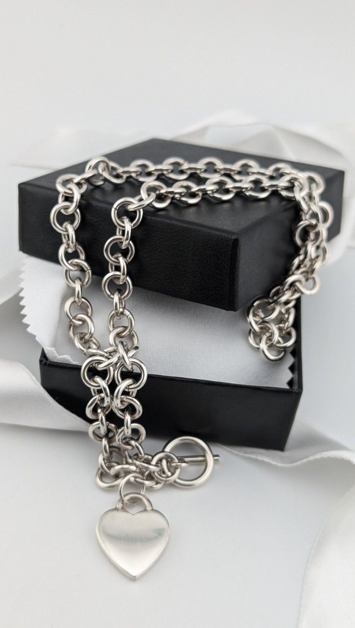 Vintage Sterling Silver 925 Large Heavy Round Link Cable Charm Toggle Heart Tag Necklace