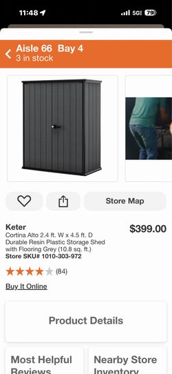 Keter Cortina Alto 2.4 ft. W x 4.5 ft. D Durable Resin Plastic Storage Shed with Flooring Grey (10.8 sq. ft.)