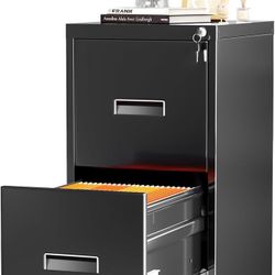 2 Drawers File Cabinet with Lock, 18" D Metal Black Vertical Filing Cabinet for Hanging Folders, Easy Assemble