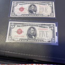 Vintage Two 1928 Red Sealed  Five Dollar Bills 