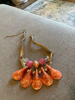 Chicos big chunky modernist lucite beaded orange leather statement pendant necklace