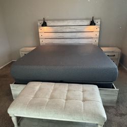 Ashley Furniture King Sized Bed Frame And Nightstands/ Bench/ Tuft And Needle Mint Mattress 