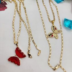 Butterflies Set Chain Gold-plated 3-colors Also Red 