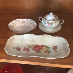 Three Pieces Of Vintage China One Is A Nippon Sher Abel, One Is A Paragon Rose Bouquet Abel And The Other Is A Vintage Rose Elongated Tray