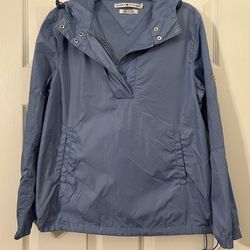 Tommy Hilfiger Women’s Mesh Lined Windbreaker Jacket Blue Hooded Snap Up 1/4 Zipper Size Small