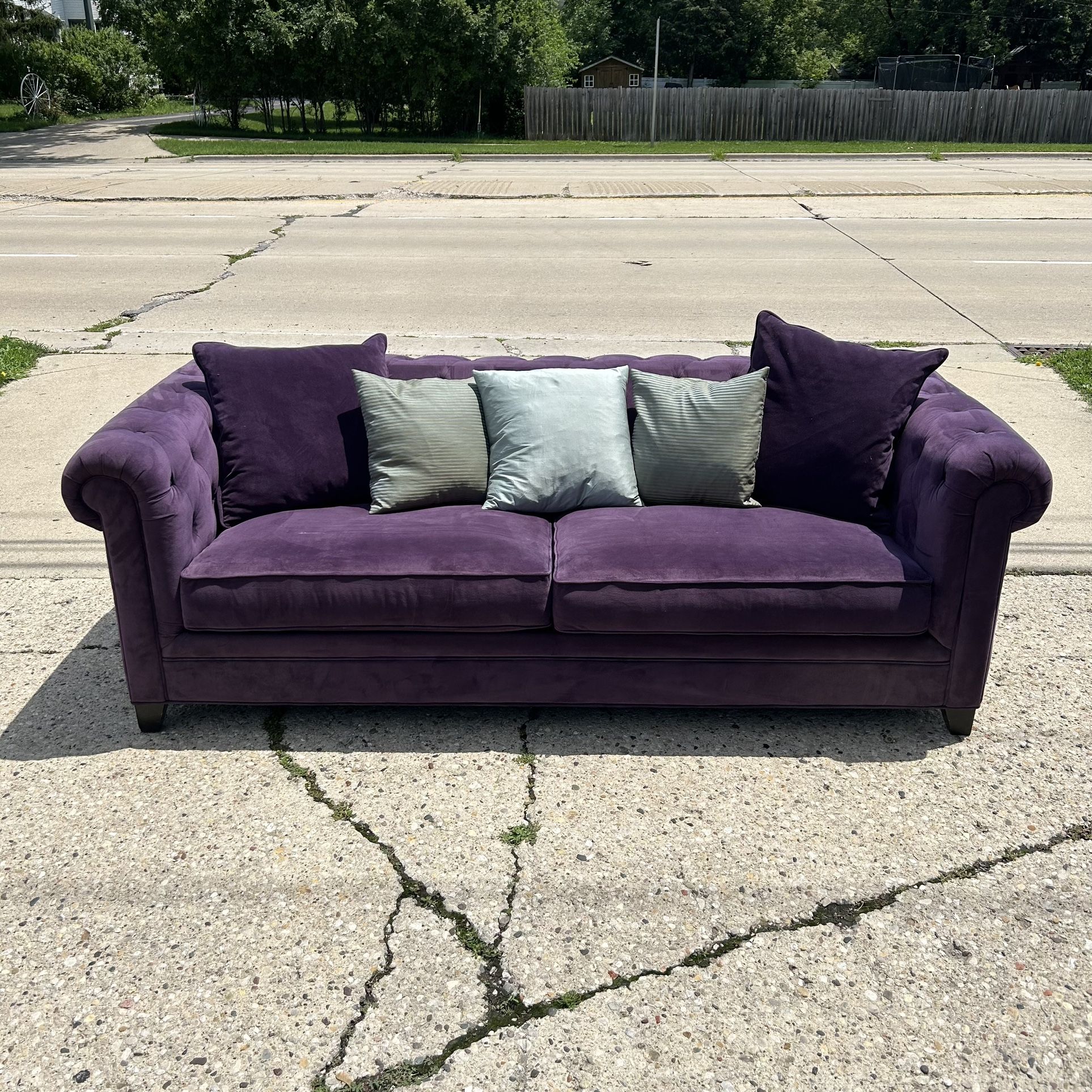 Beautiful Dark Purple Velvet Martha Stewart Sofa W/ Throw Pillows