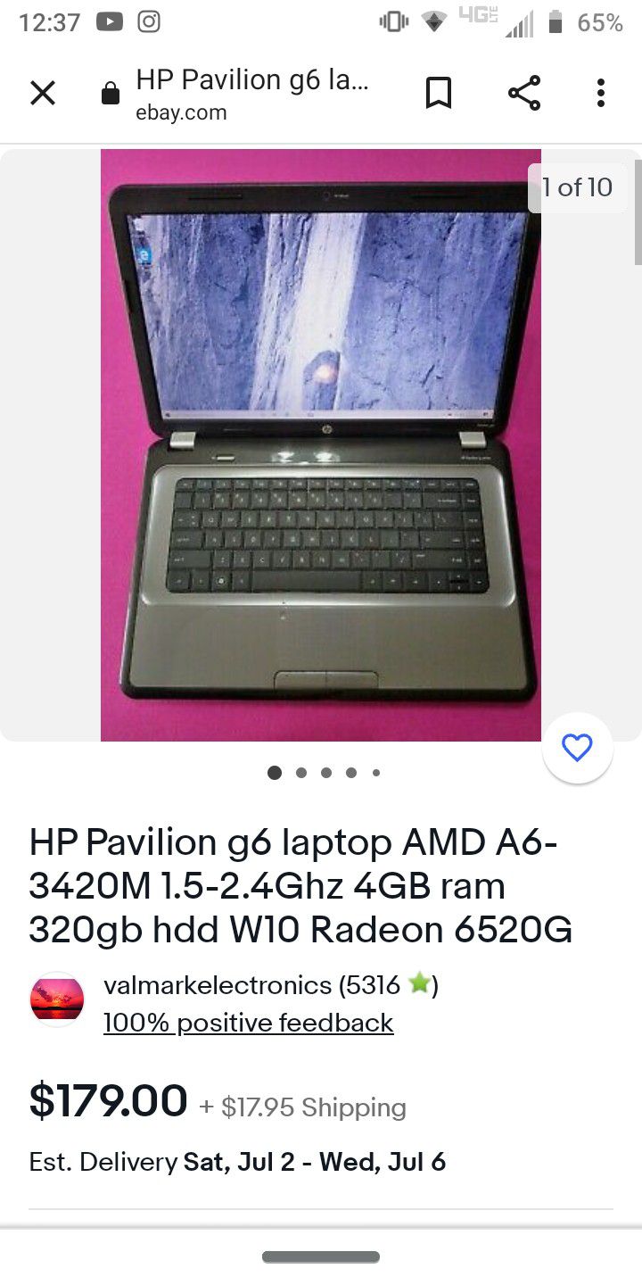 HP Pavilion g6 laptop AMD A6-3420M 1.5-2.4Ghz 4GB ram 320gb hdd W10 Radeon 6520G

