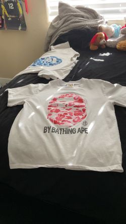 pink and blue designer Bape shirt