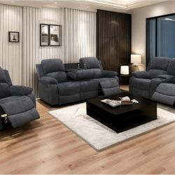 Brand New Modern Grey Corduroy 3 PC Recliner Sofa Set 