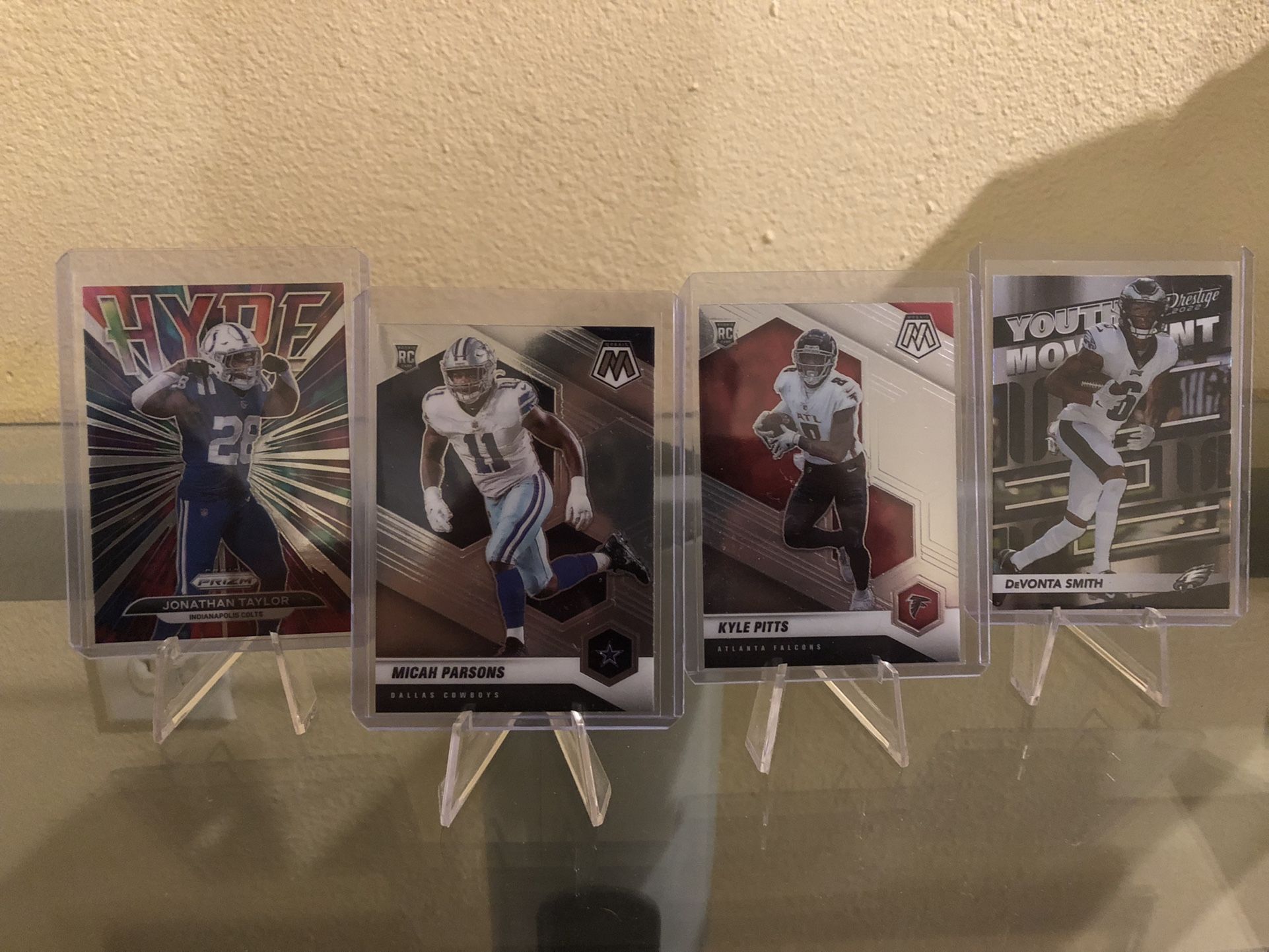 NFL Football Cards Dallas Cowboys Micah Parsons Mosaic Rookie, Atlanta Falcons Kyle Pitts Mosaic Rookie, Devonta Smith Insert And Jonathan Taylor