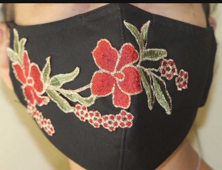 Face Mask with Embroidered flowers (Triple layers,adjustable nose wire and adjustable ear loops)